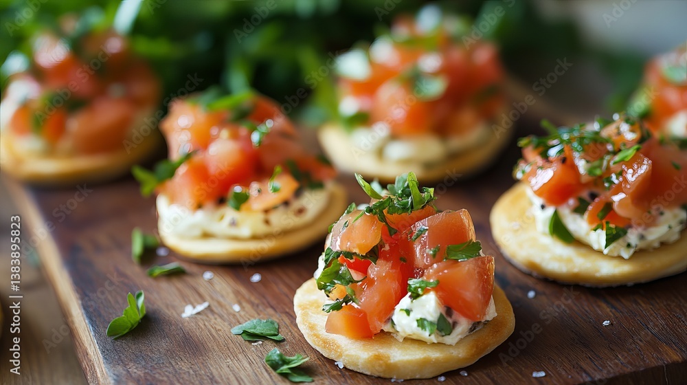 Close up of tomato and cream cheese appetizers on a wooden board with green herbs garnish top view Close up of tomato and cream cheese appetizers on a wooden board with green herbs garnish top view