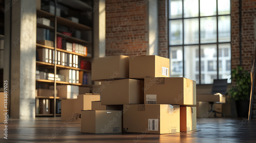 A large stack of cardboard boxes lies inside the office A large stack of cardboard boxes lies inside the office