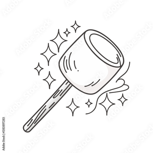 Toasted marshmallow on a stick with sparkling accents in a clean, outlined vector style perfect for campfire-themed designs.