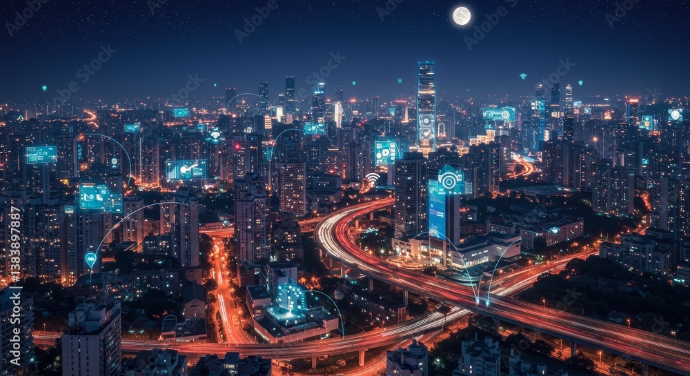 Fototapeta premium Smart City Night Lightscape - Aerial view of a futuristic city at night, illuminated with vibrant lights and interconnected networks