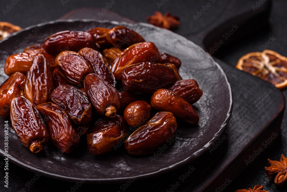 Dried tropical date fruit as an ingredient for fresh organic diet food Dried tropical date fruit as an ingredient for fresh organic diet food