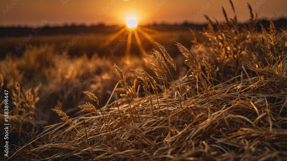 Fototapeta premium Golden sunlight casts warm hues over the wheat field at sunset, showcasing nature's beauty in rural landscape