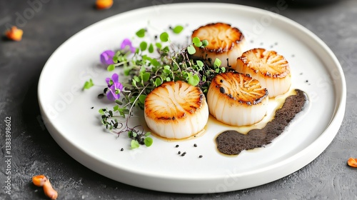 Wallpaper Mural Seared Scallops on White Plate with Microgreens and Dark Sauce Torontodigital.ca