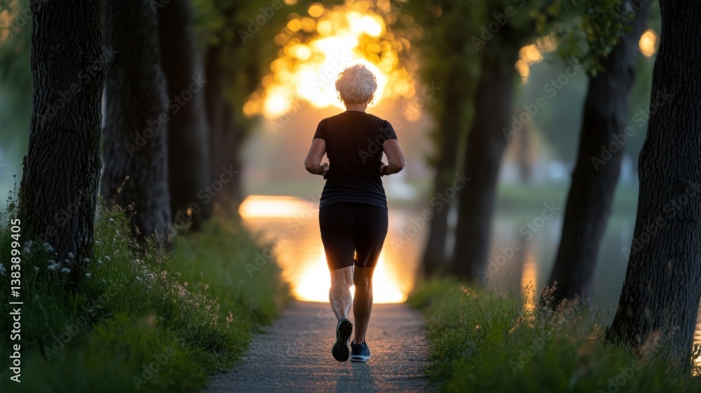 Obraz premium Senior Woman Jogging in Nature During Beautiful Sunset Glow