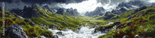Stunning panoramic vector illustration of majestic mountains lush green valley rocky terrain vibrant landscape rushing river dramatic sky incredible nature scenery