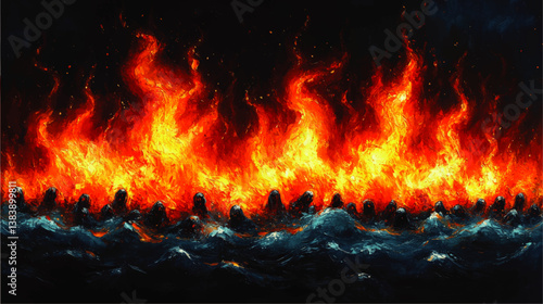 Dramatic Vector Illustration of People in Water Facing Massive Fire Flames Burning Powerful Emotional Artistic Concept of Hazard Natural Disaster Fire and Water Artwork