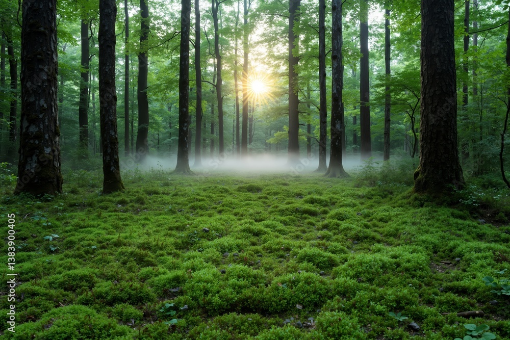 Obraz premium A forest filled with lots of green moss covered ground