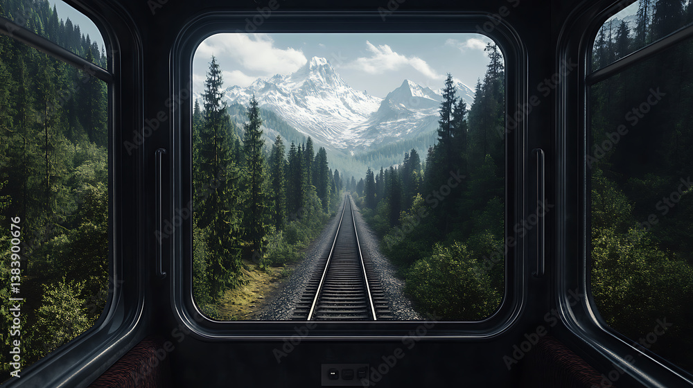 Obraz premium A view from inside a train looking out the window, mountain and forest view