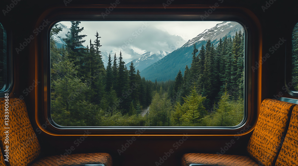 Obraz premium A view from inside a train looking out the window, mountain and forest view