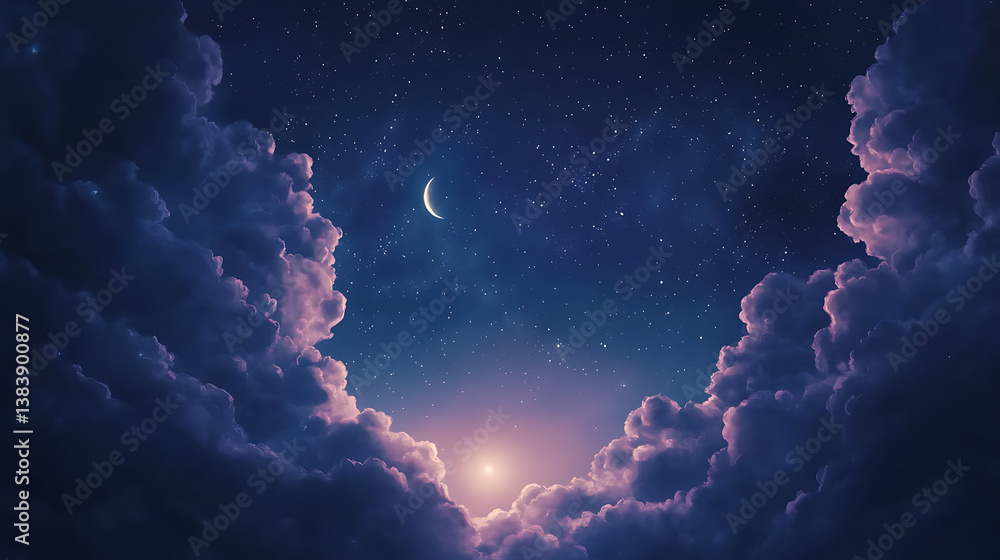 Obraz premium A watercolor background of a night sky with clouds and stars