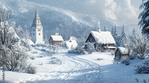 Wallpaper Mural A winter scene with a small village in the background Torontodigital.ca