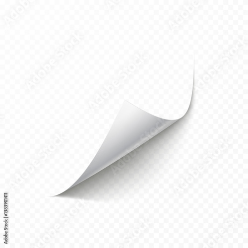 Curled page corner isolated on transparent background. Blank curve paper edge, bent sheet, note angle with realistic shadow. Vector rolled up sticker, peel banner
