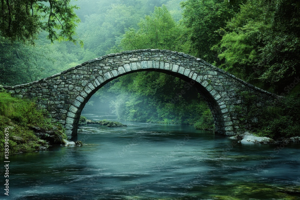 Fototapeta premium Tranquil stone bridge over a serene river surrounded by lush green trees in nature