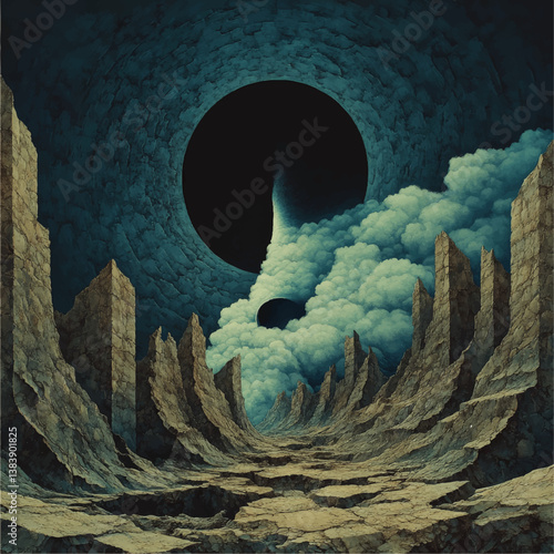 Mystical SciFi Fantasy Landscape Featuring Dark Portal Sky with Surreal Clouds Ancient Ruined Stone Structures and Alien Otherworldly Atmosphere for Creative Exploration