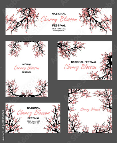 Realistic Sakura Blossom Pack - Japanese Cherry Tree. Artistic Branch Plum Blossom. Vector