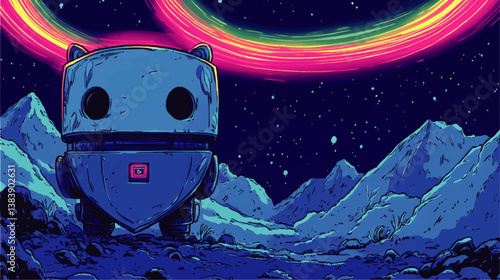 Futuristic Blue Robot in Cosmic Mountains with Neon Rainbow Lights Under Starry Night Sky Vector Illustration SciFi Fantasy Landscape Background for Technology AI Concept