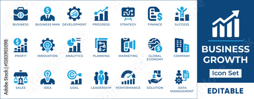 Flat business growth icon set illustrating progress, success, profit, market expansion, strategy, achievement, innovation, and upward trends. Ideal for infographics, presentations, apps, and websites.