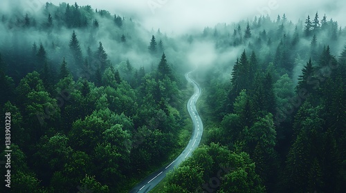A serene misty forest with a winding solar-powered road, surrounded by dense green trees and wildlife, emitting a futuristic glow