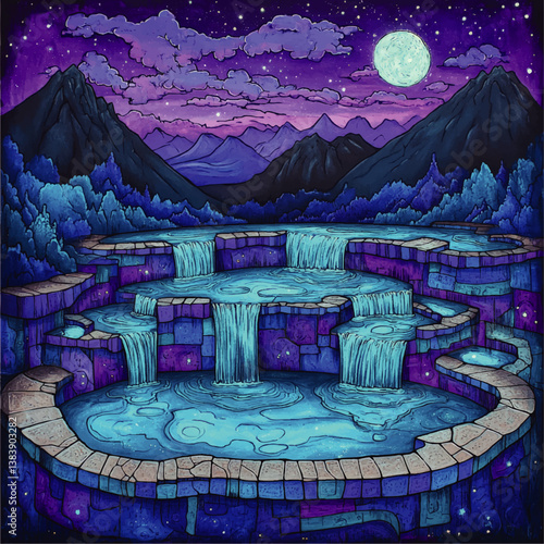 Mystical Nighttime Cascading Waterfalls over Blue Stone Terraces with Majestic Mountains and Enchanted Forest under Bright Full Moon and Starry Purple Sky Fantasy Art