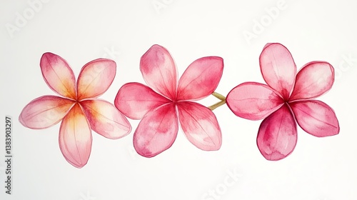 Elegant Watercolor Pink Plumeria Flowers Botanical Illustration Soft Pastel Floral Design Romantic Nature Artwork Pretty Delicate Blossom Tropical    