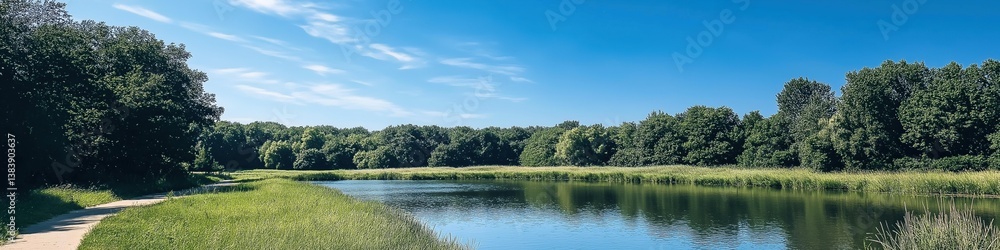 Serene summer landscape with lush green trees and calm river Serene summer landscape with lush green trees and calm river