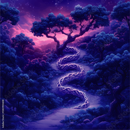 Mystical Fantasy Illustration of Glowing Twisted Pathway Through Enchanted Forest with Majestic Trees Starry Sky and Vibrant Purple Pink Blue Colors Magical Scenic View
