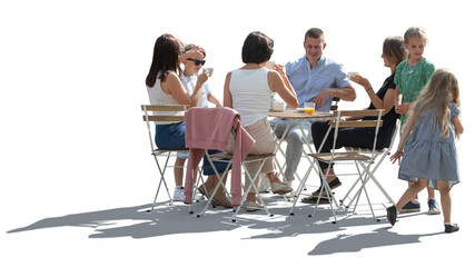 Backlit cafe scene with many people, children and adults, sitting happily around the table and talking, isolated on transparent background