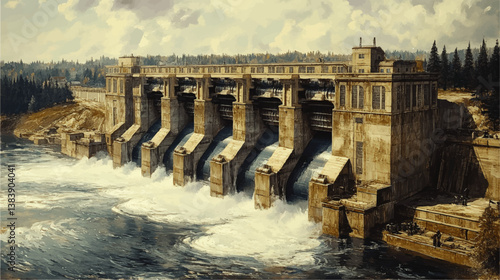 Stunning Vector Illustration of Hydroelectric Power Dam Generating Sustainable Energy with Powerful Water Flow Infrastructure and Scenic Forest Landscape Background