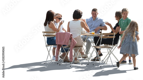 Backlit cafe scene with many people, children and adults, sitting happily around the table and talking, isolated on transparent background