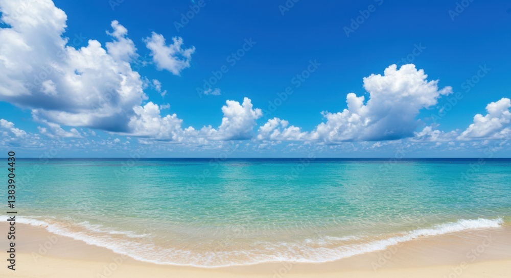 A scenic view of a tropical beach with white sand, turquoise water, and a blue sky with clouds A scenic view of a tropical beach with white sand, turquoise water, and a blue sky with clouds