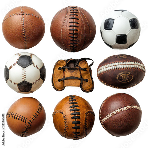 Collage of various sports equipment isolated on white background photo