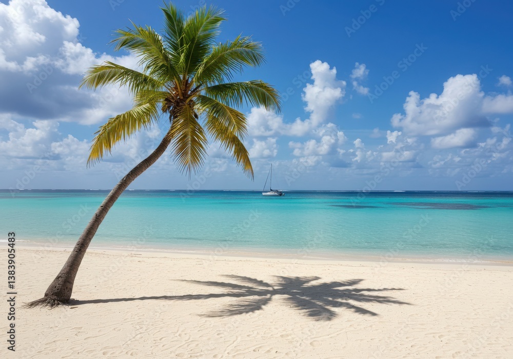 Fototapeta premium A palm tree on a white sand beach with turquoise water and a sailboat in the distance on a sunny day