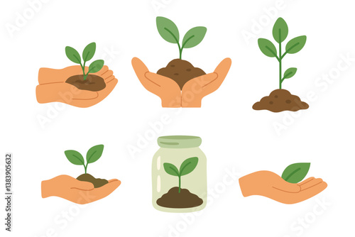 Young green sprouts in hands and soil, symbolizing growth, care, and nature preservation.