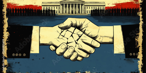 Historic Vector Illustration Depicting Broken Handshake Symbolizing Failed Agreement with Government Building Silhouettes Soldiers Political Conflict Problems Concept
