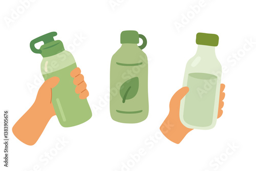 Eco friendly reusable water bottles in hands and alone, promoting sustainable lifestyle and hydration.