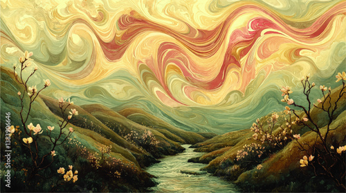 Elegant Vector Illustration of Flowing Abstract Sky with Swirl Patterns Over Serene Landscape Featuring Mountains River Blossoming Flowers and Peaceful Sunset Colors
