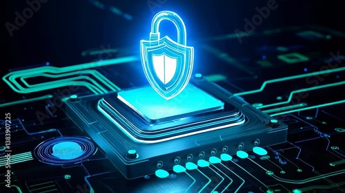 3D animation of cybersecurity lock and shield icon on a glowing microchip. Perfect for tech, blockchain, or data protection themes.
