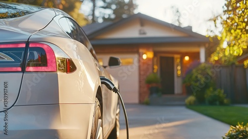 Electric Car Charging at Modern House in Bright Evening Light