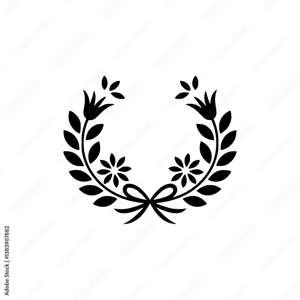 Elegant Black Floral Laurel Wreath on White Background Elegant Black Floral Laurel Wreath on White Background