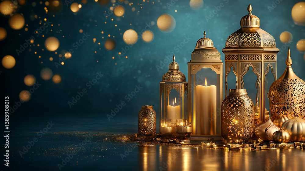 Fototapeta premium Golden lantern with candle, lamp with arabic decoration, arabesque design, beautiful muslim invitation with ramadan, eid mubarak, religion background