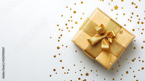 Wallpaper Mural Golden luxury gift box with a golden ribbon on white background, flat lay, top view Torontodigital.ca