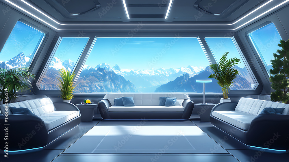 Grey chill room interior with couch and armchairs, panoramic window, mockup wall Grey chill room interior with couch and armchairs, panoramic window, mockup wall