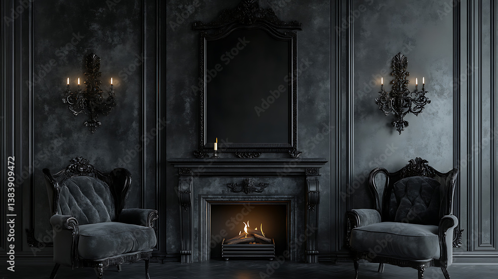 Fototapeta premium Grey chill interior with seats and fireplace with decoration, mockup frame