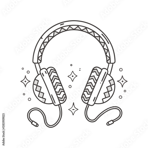 Decorative wired headphones vector with zigzag patterns and sparkles, illustrated in a fun, clean outline style for music and creative tech themes.