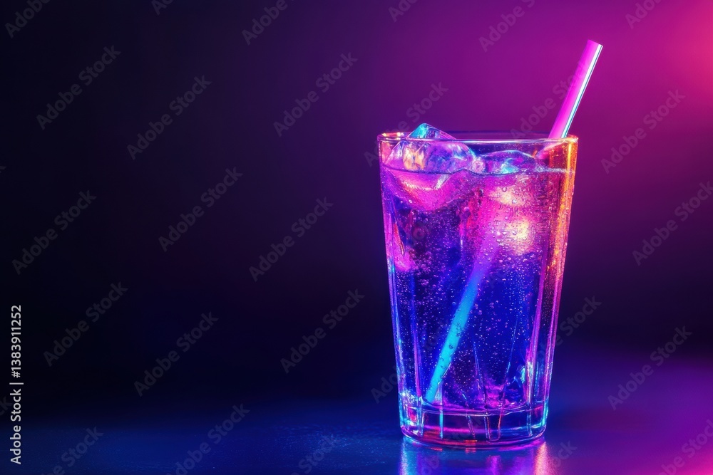 Glowing neon soda in futuristic glass with electric blue and purple highlights showcasing cyberpunk beverage aesthetic Glowing neon soda in futuristic glass with electric blue and purple highlights showcasing cyberpunk beverage aesthetic