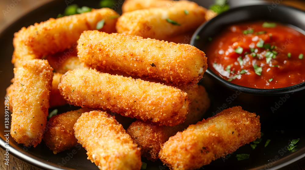 Crispy mozzarella sticks served hot with a spicy dipping sauce on the side, perfect for a flavorful appetizer. Crispy mozzarella sticks served hot with a spicy dipping sauce on the side, perfect for a flavorful appetizer.