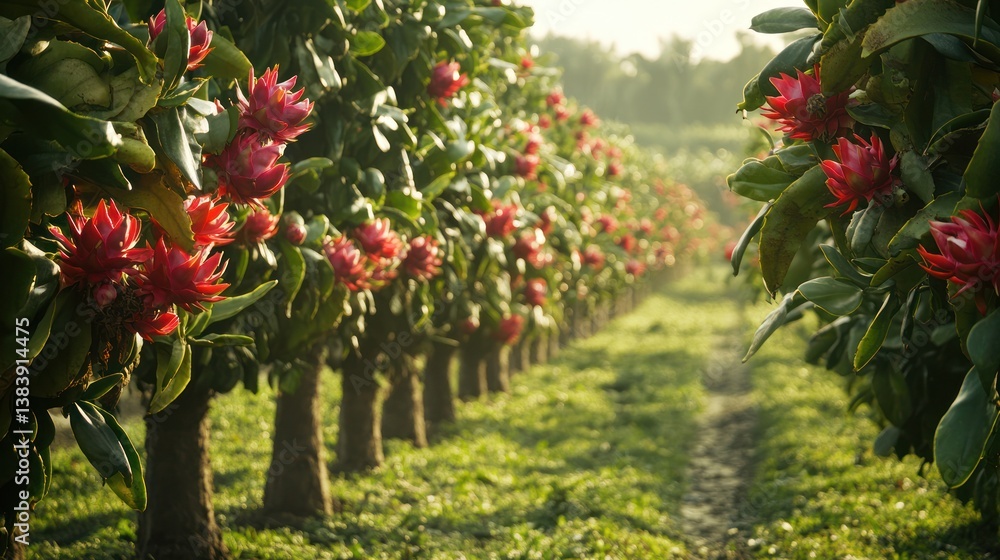 Fototapeta premium Red flower plantation sunrise, rural path, agriculture