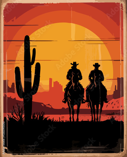 Vintage Western Silhouette – Two Cowboys Riding into the Sunset in a Desert Scene

