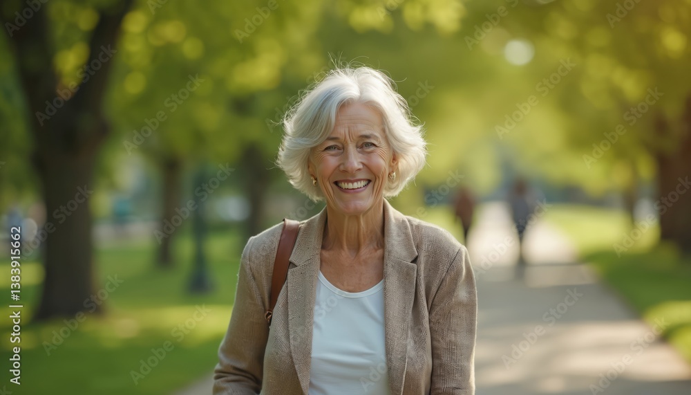 Smiling senior woman walks forward in city park. Happy elderly lady enjoys sunny day, strolls in nature. Cheerful mature woman on retirement, outdoor lifestyle. Smiling senior woman walks forward in city park. Happy elderly lady enjoys sunny day, strolls in nature. Cheerful mature woman on retirement, outdoor lifestyle.