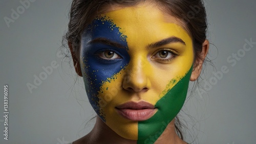 Wallpaper Mural A young woman with half her face painted in blue and yellow, representing Brazil's flag colors, exuding strength and pride. Torontodigital.ca